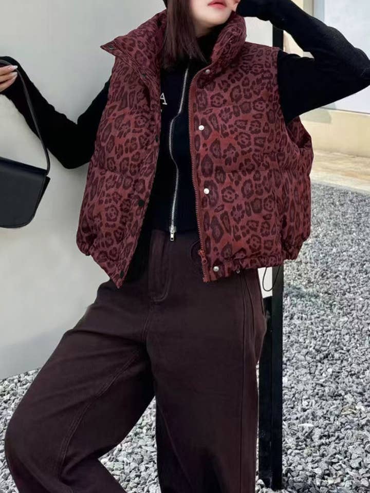 Rosa Clothing - Wholesale Outerwear Vest - Women's - Leopard Print Puffer Vest Women Winter Streetwear Trendy