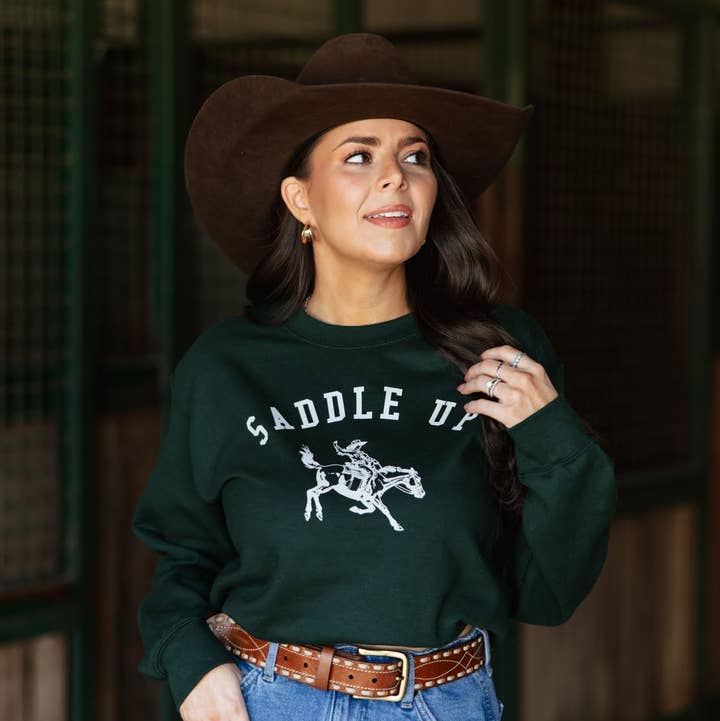 Ali Dee - Wholesale Graphic Sweatshirt - Women's - Saddle Up Pullover Sweatshirt - Forest Green