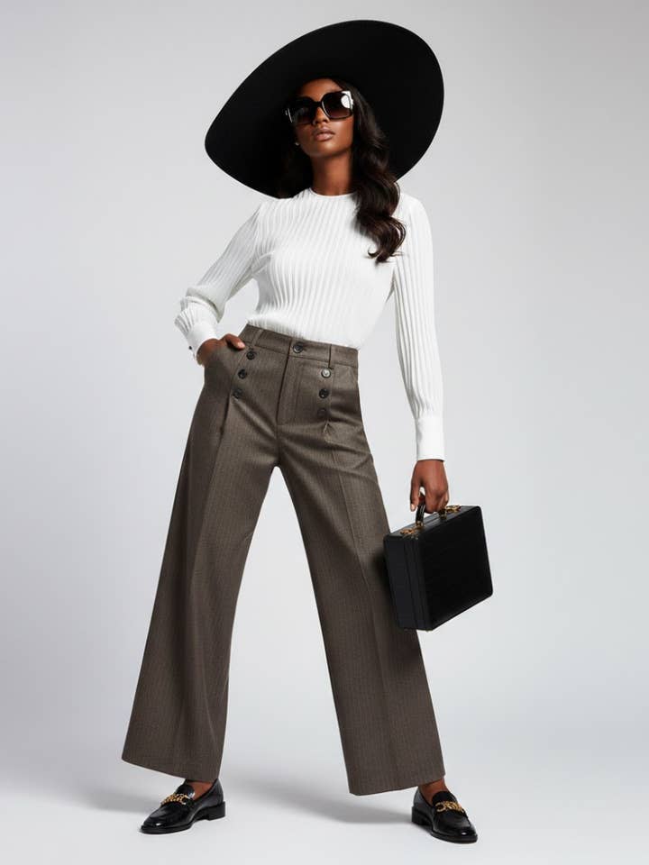 Elegant Wide-Leg Women's Trousers with Front Buttoning • BYMANYC ® New York for wholesale by BYMANYC NEW YORK