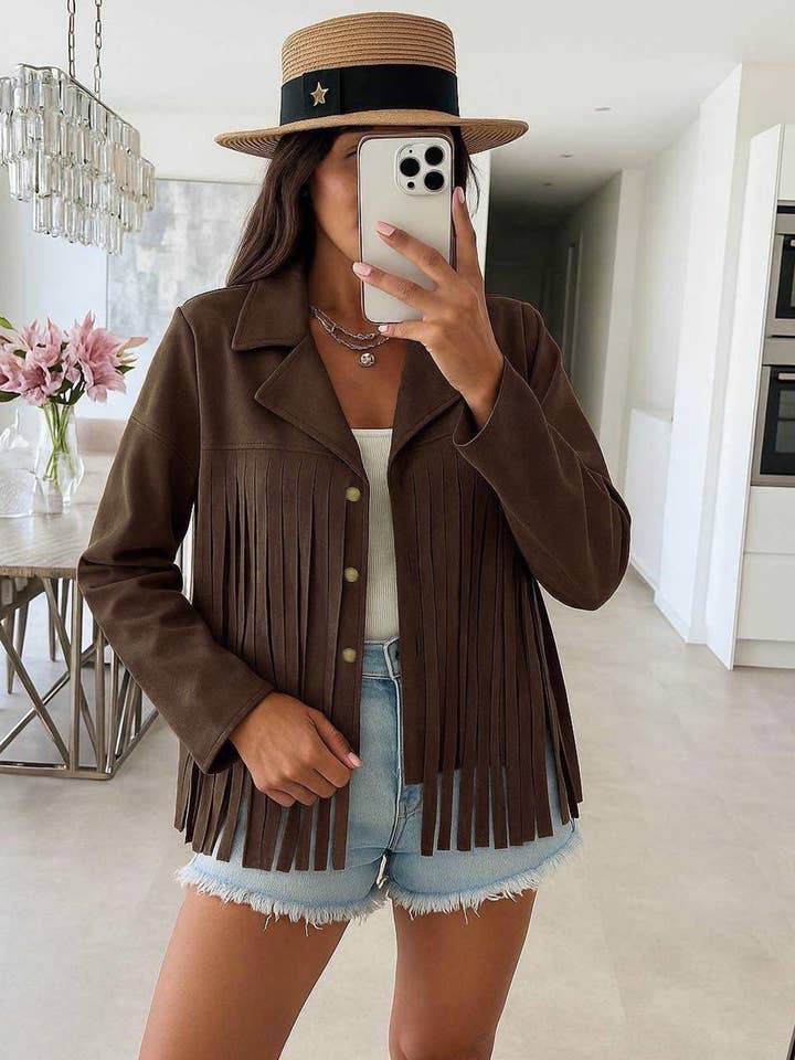 Montana Suede Fringe Jacket-Brown for wholesale by Catwalk Wholesale