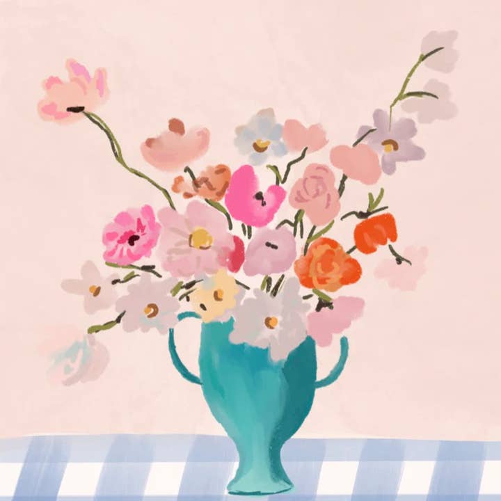 VASE ON BLUE GINGHAM - Art Print for wholesale by Rebecca Illustrated