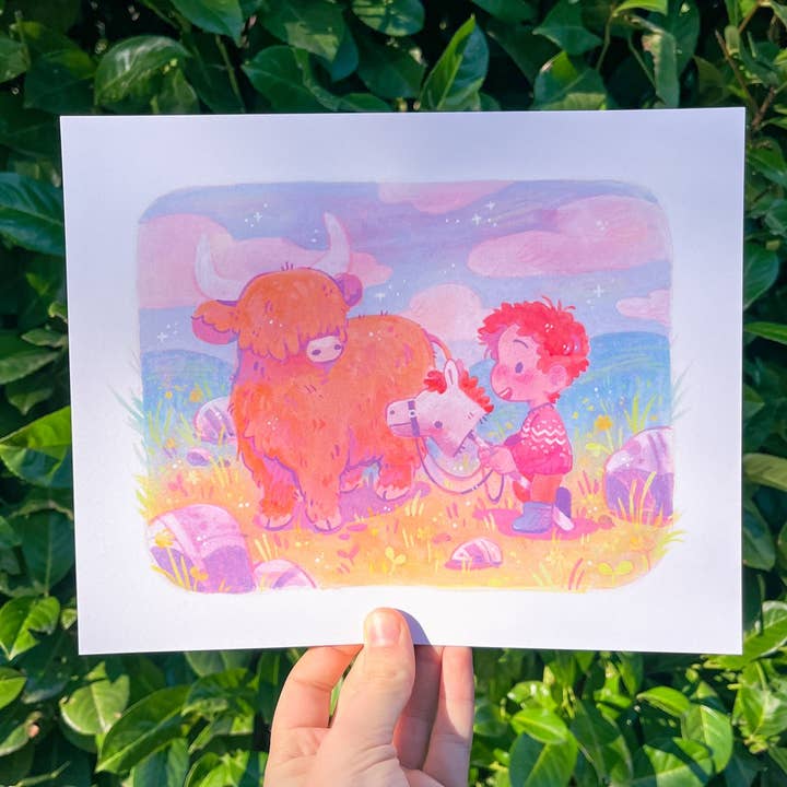 Cow and Boy Art Print 10x8" for wholesale by Rowan Kingsbury