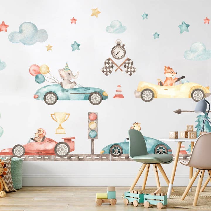 Autocollant mural amovible pour bébés animaux faisant la course sous les étoiles et les nuages avec des ballons — BR136 pour la vente par WallKoala