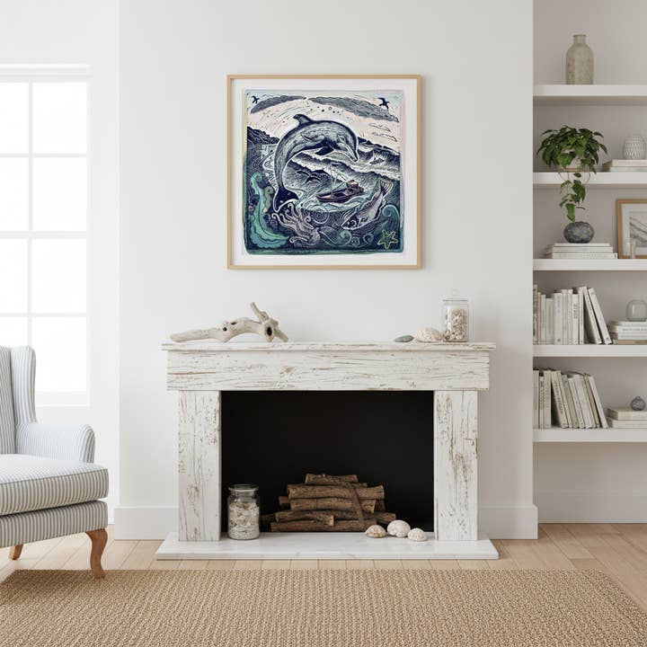 Jamie Poole – wholesale Art print – Chasing Fish! (Dolphin) Limited Lino Print3
