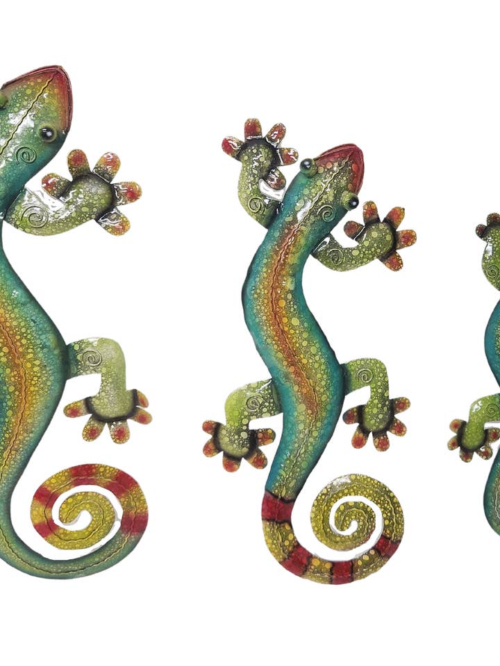 Large Set 3 Metal Geckos Assort Colors Wall Art for wholesale by White Elephant