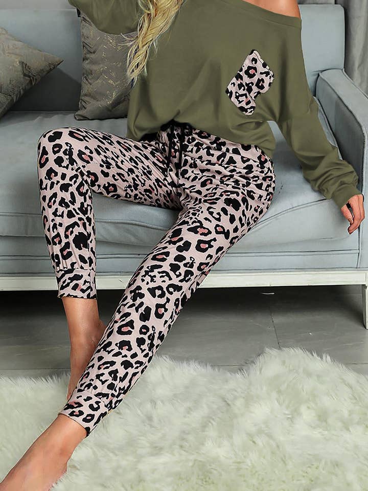 Fashion Combination - Wholesale Lounge Set - Women's - casual long sleeve leopard pants loungewear set