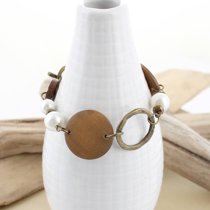Seasons Jewelry - Wholesale Beaded bracelet - Wood Disc & Pearl Toggle Clasp Bracelet1