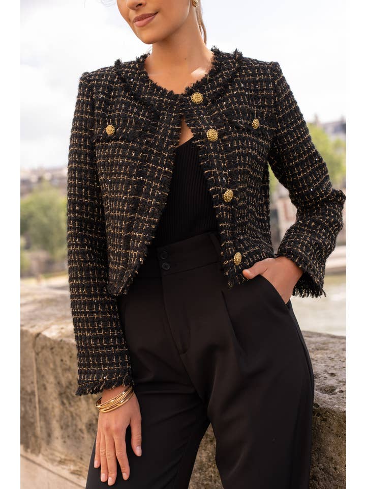 Attentif Paris - Wholesale Blazer – Women's - Cropped crew neck fitted tweed blazer jacket2