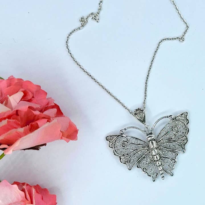 Filigranist Jewelry - Wholesale Pendant/charm necklace - Sterling Silver Filigree Art Butterfly Figured Women Pendant Necklace2