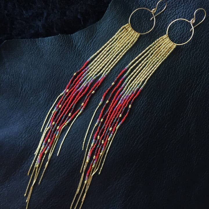 Maui Swan Designs Red And Gold Seed Bead Earrings 14K Gold for wholesale by Maui Swan Designs