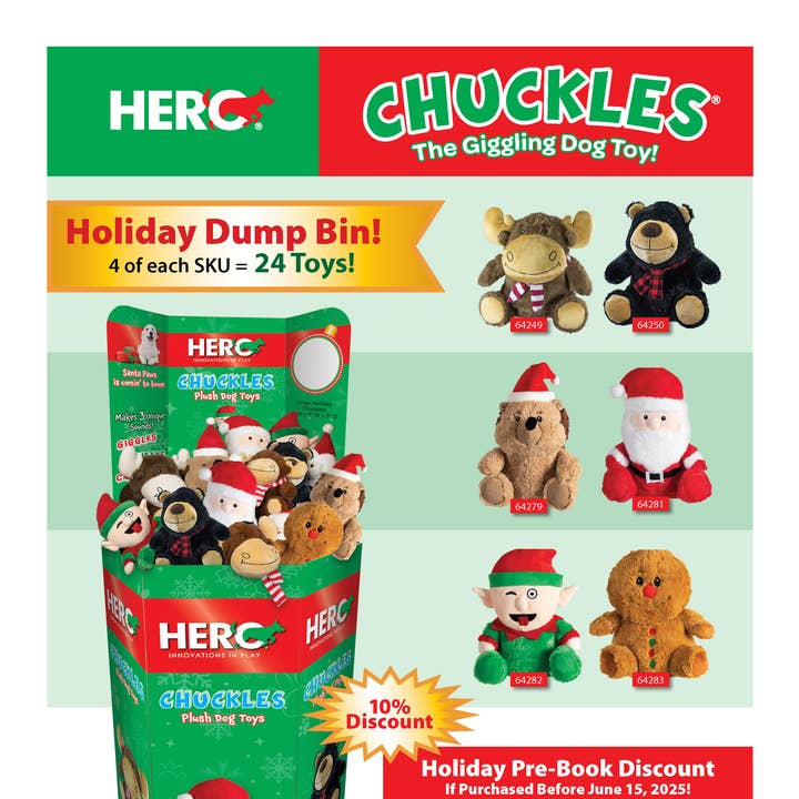 Caitec Inc - Wholesale Pet Plush Toy - Dog - Chuckles Holiday Dump Bin
