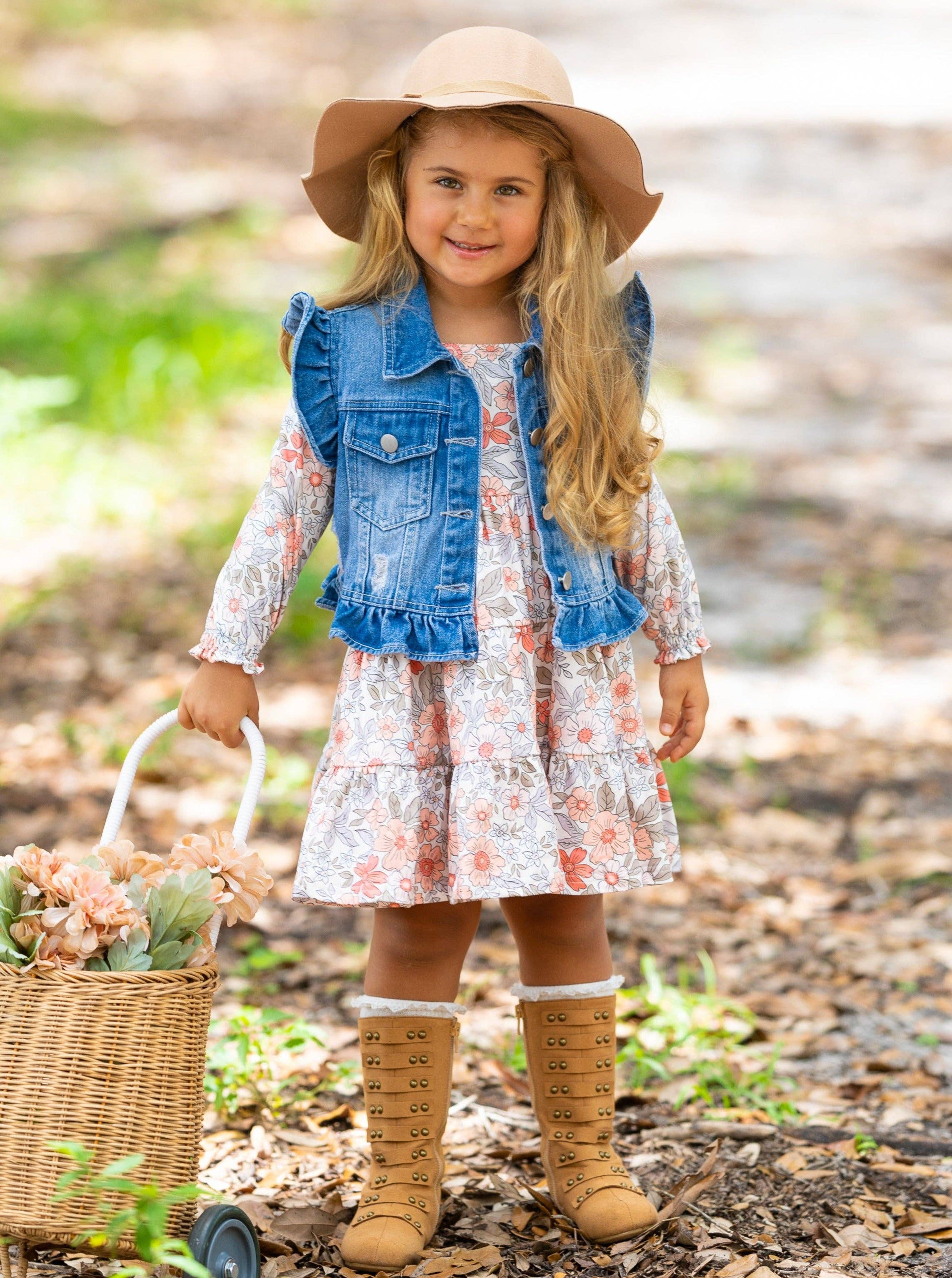 Multicolor Long Sleeve Floral Dress w/ Ruffle Denim Vest & Set for wholesale on Faire6