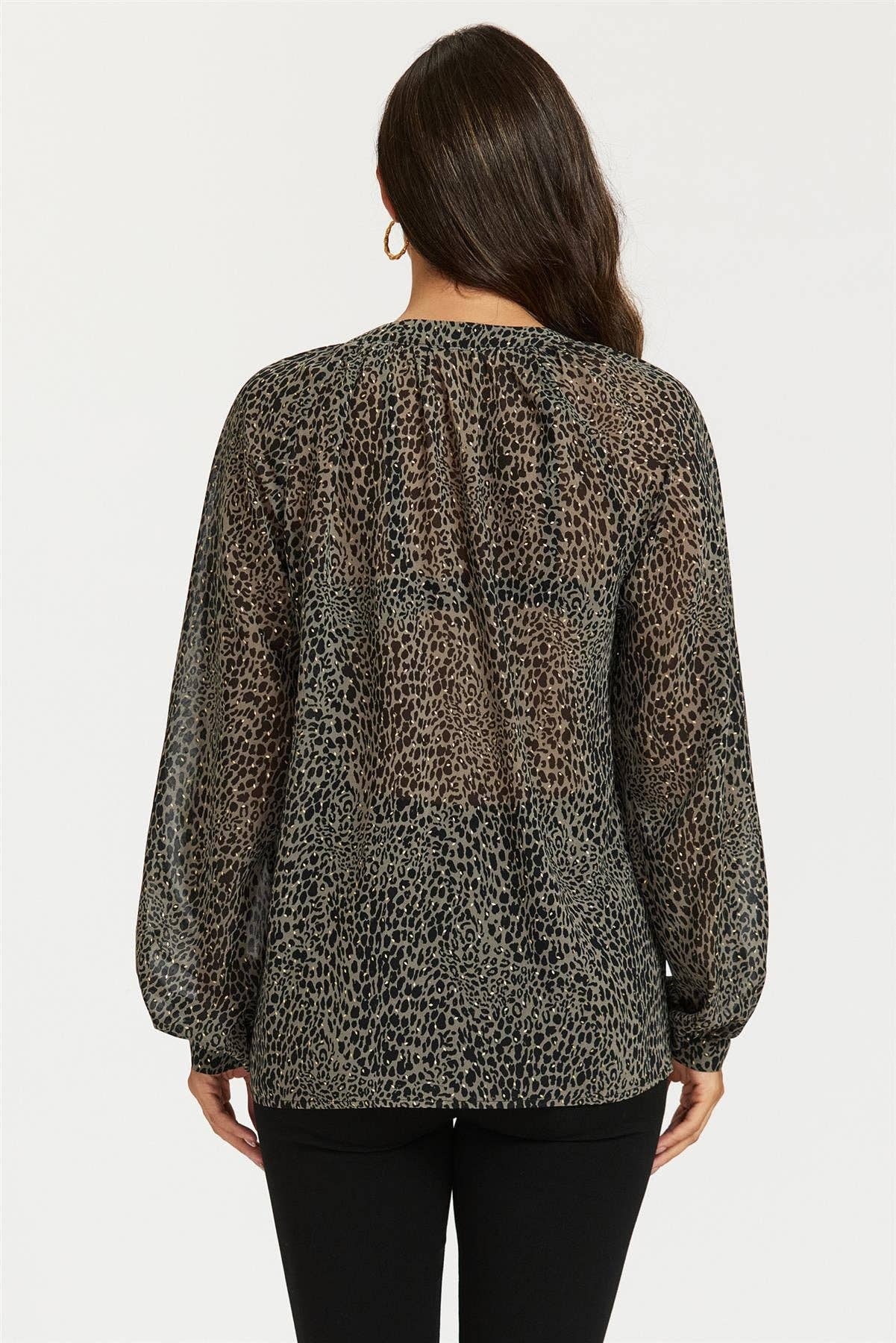 Noir Blouse à manches longues imprimé léopard en feuille d'or en noir en vente sur Faire4