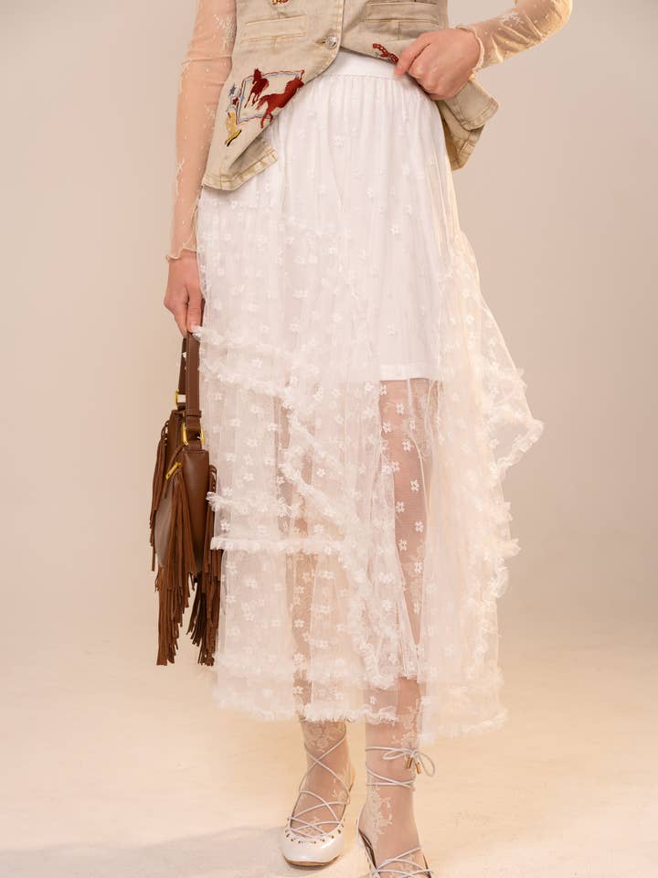 33143S Sheer Lace Tiered Asym Maxi Skirt for wholesale by Blue B