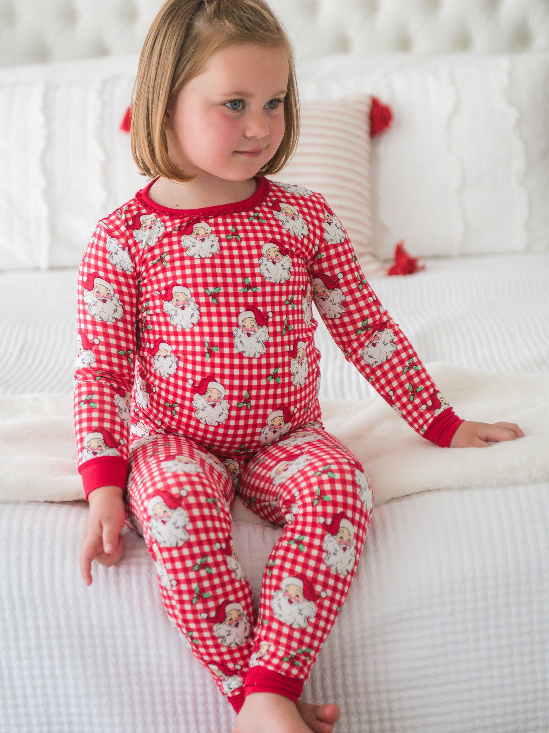 SoftSnooze™ Toddler Girls Bamboo Viscose Red Dear Santa Ruffle Long Sleeve Pajama Set with Signature Rear Ruffles for wholesale on Faire6