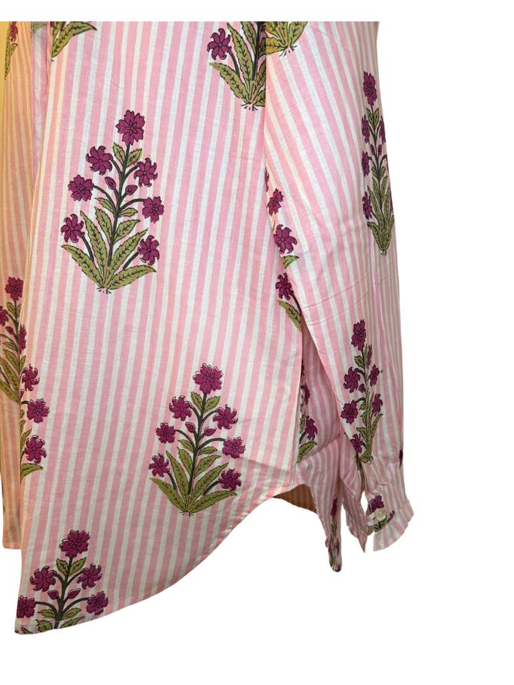 Rena Lina - Wholesale Button Down Shirt - Women's - Women's Floral Striped Block Print Ruffled Blouse5