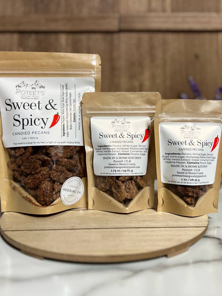 Sweet & Spicy Candied Pecans  for wholesale by Poteet's Artisan Goods