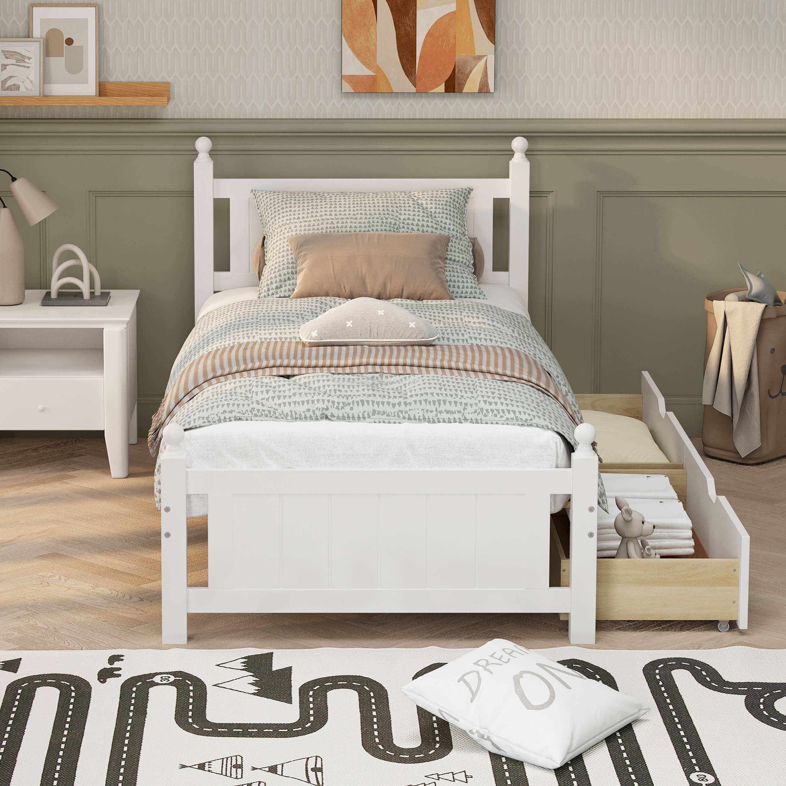 White Twin Size Solid Wood Platform Bed Frame with 2 Drawers for wholesale on Faire2