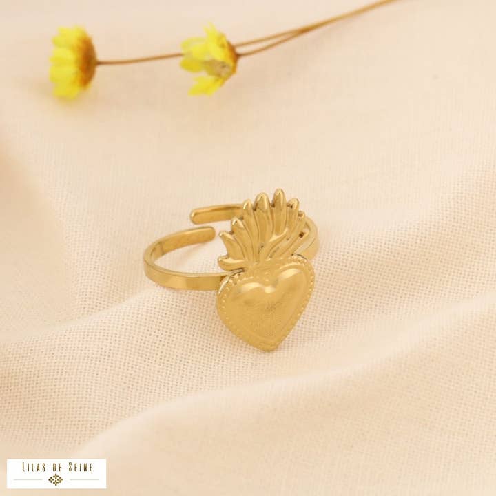 Stylized Ardent Heart Stainless Steel Ring 0424542 for wholesale by Lilas de Seine