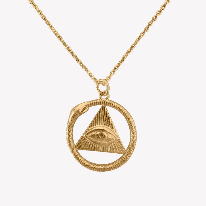 18k Gold-Plated Eye of Providence with Serpent Pendant on chain for wholesale by Aurea
