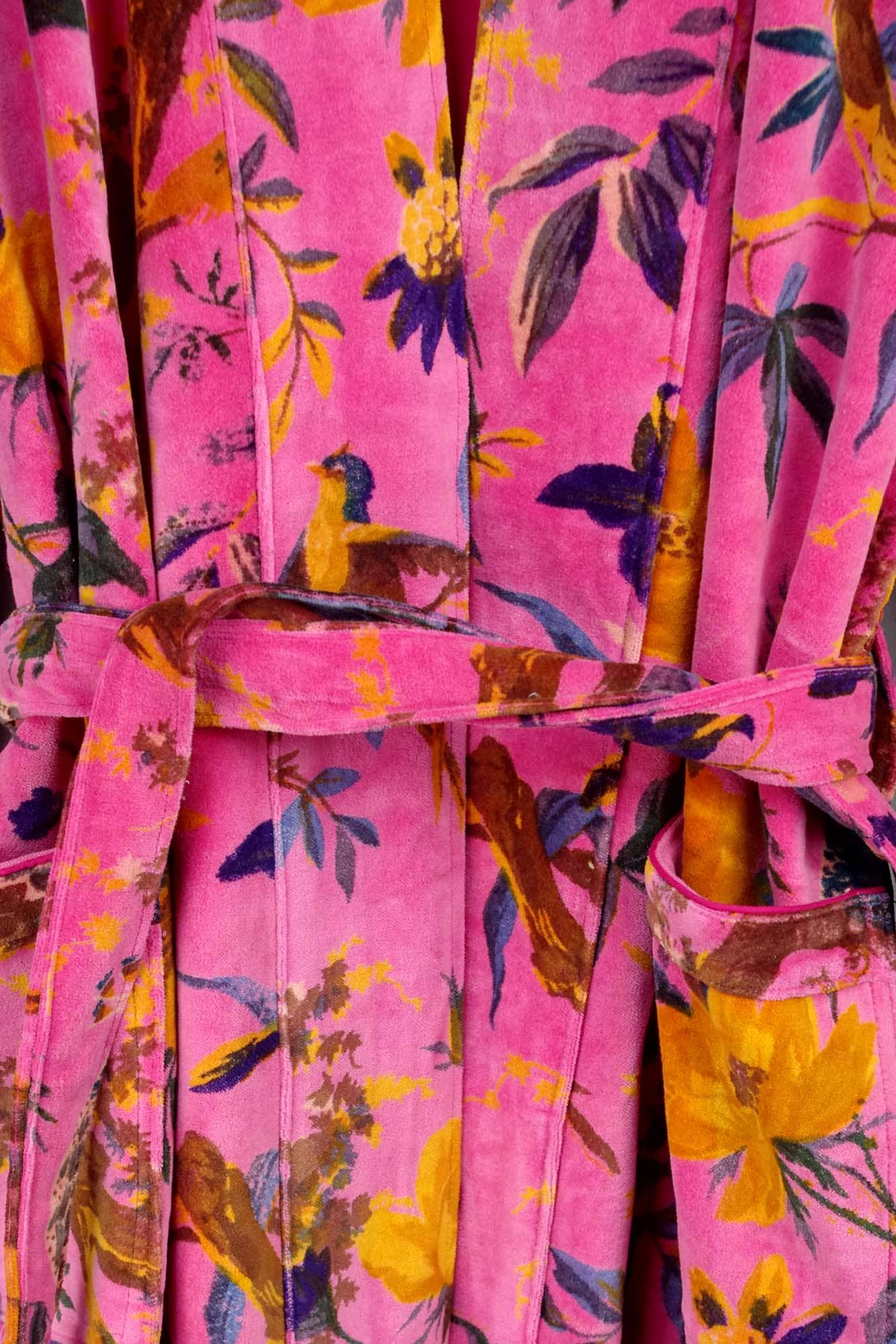 Kantha Decor - Wholesale Kimono - Women's - Velvet Kimono With Lining Gown- Pink Yellow Bird of Paradise3
