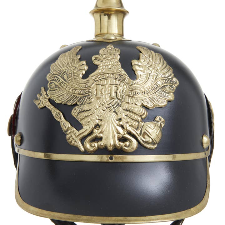 Import Corner – wholesale Decorative tabletop object – A-82622: METAL HELMET WITH WOOD STAND 9"W, 20"H7