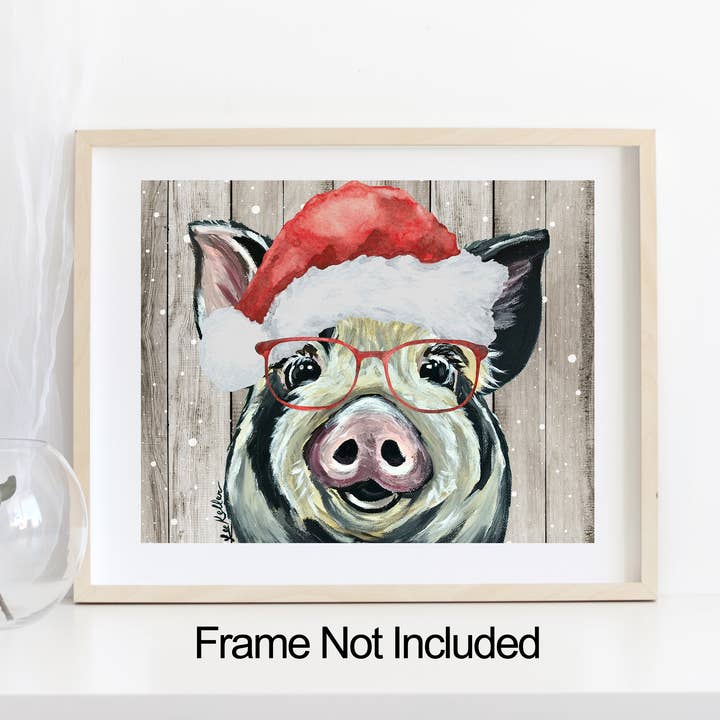 Christmas Pig Art Print, Fun Christmas Wall Decor for wholesale by Hippie Hound Studios