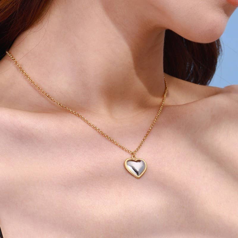 TWO TONE 18K STAINLESS STEEL TARNISH FREE HEART NECKLACE | 40NK9546 for wholesale on Faire2