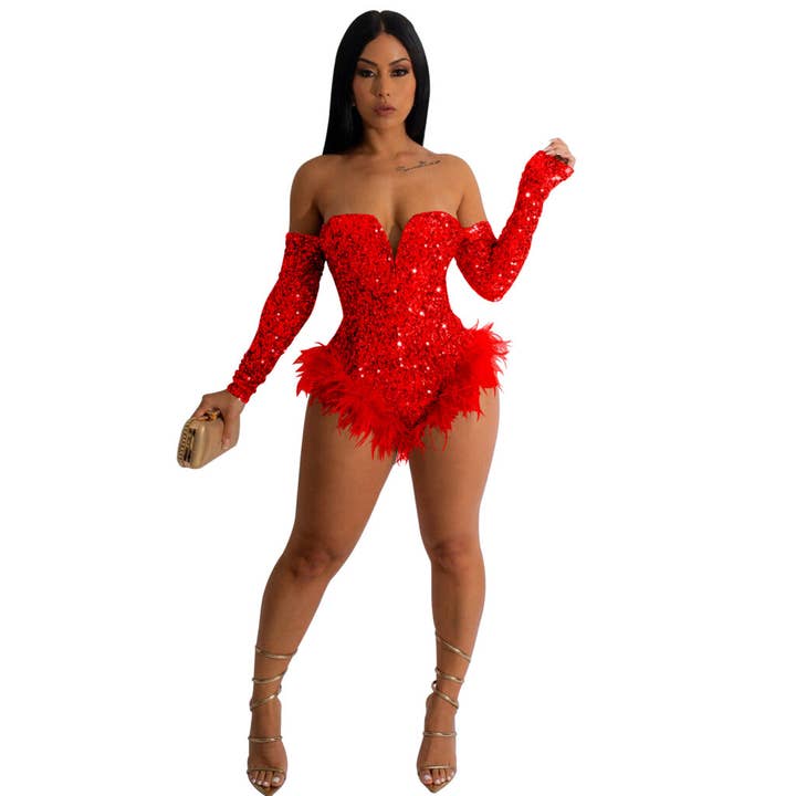 Western Fashion - Wholesale Bodysuit – Women’s - 7517 - Off Shoulder Sequin Bodysuit with Fur Trim3
