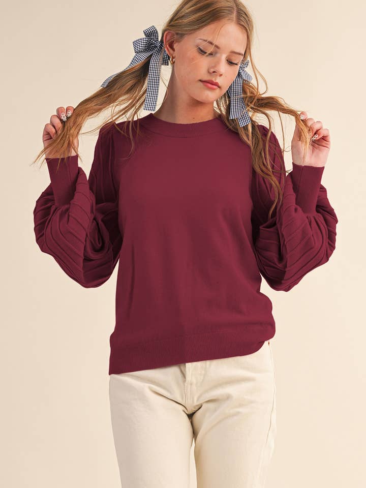 &MERCI - Wholesale Knit Sweater - Women's - STRIPE TEXTURE PUFF SLEEVE SWEATER MSW948552