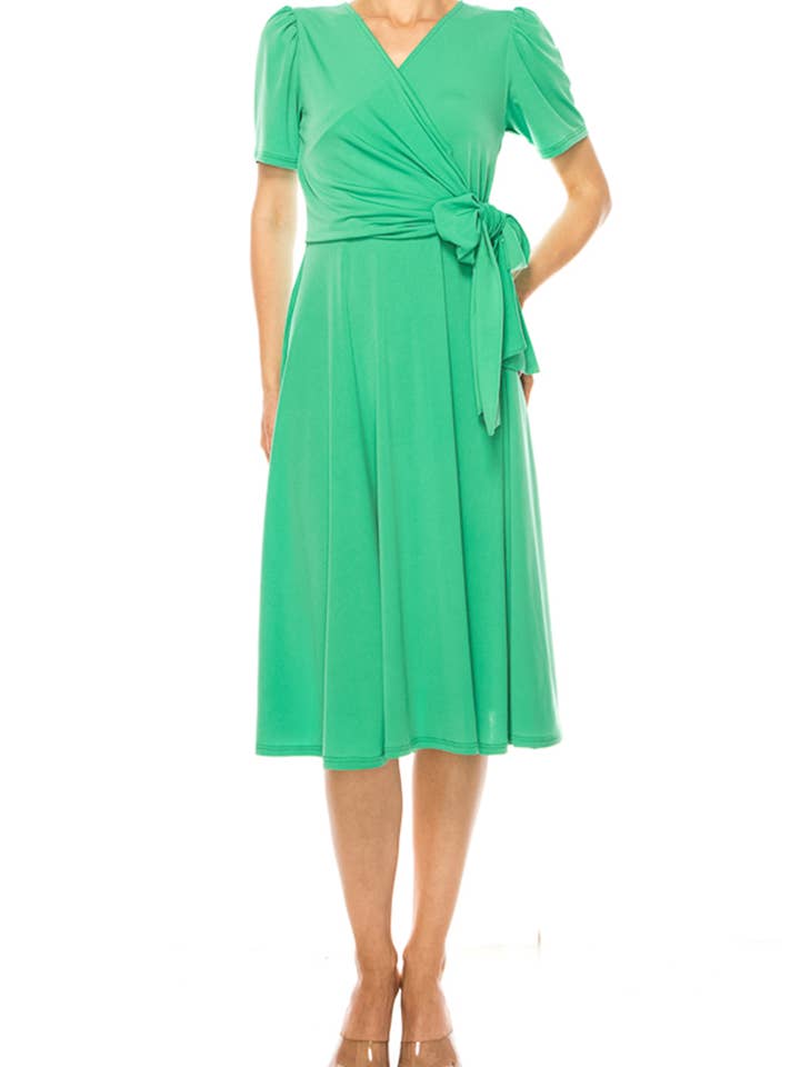 Stylish Solid Faux Wrap Dress with Deep V-Neck for wholesale by MOA COLLECTION