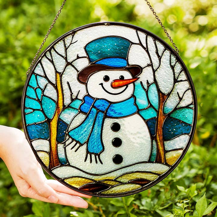 Christmas Snowman Stained Glass Suncatcher, Winter Decor for wholesale by TMLECOM LTD