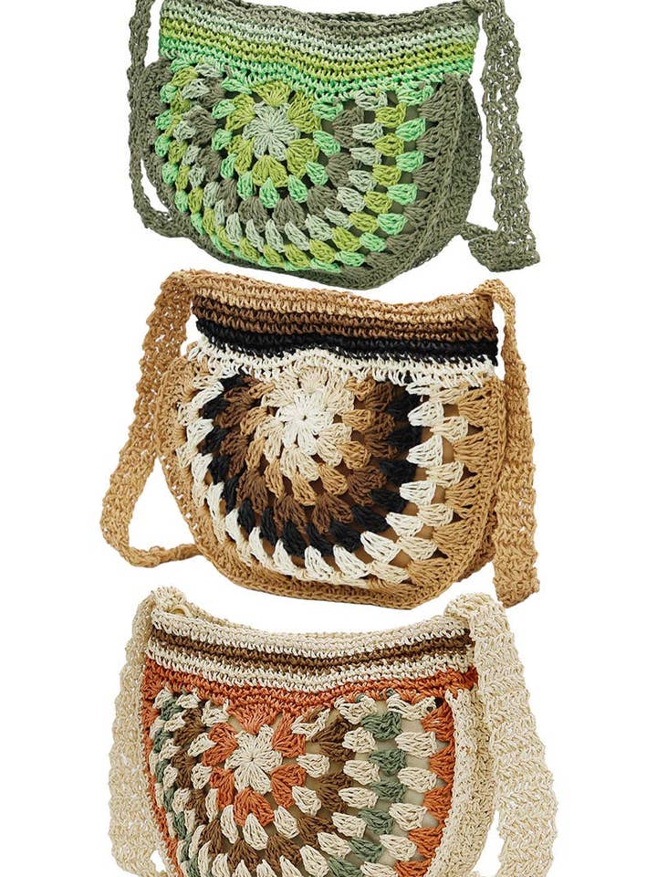Boho Colorful Crochet Rattan Halfmoon Beach Bag for wholesale by Cap Zone