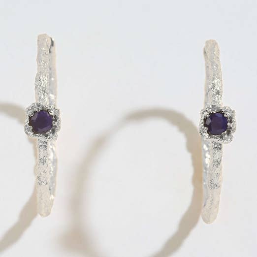 Lapis Lazuli Lichen Branch Silver Large Hoops for wholesale by Claire Hill Designs