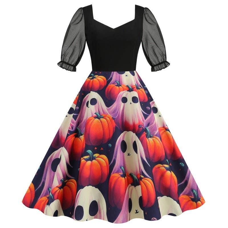 SALINA TRADING INC – Vestido - Mulher por atacado – Vestido Vintage Estampado com Mangas de Tule para Festa de Halloween4