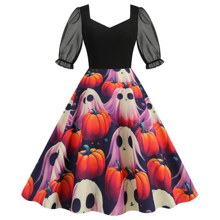 SALINA TRADING INC - Vente Robe – femme - Robe vintage imprimée à manches en résille pour fête d'Halloween4