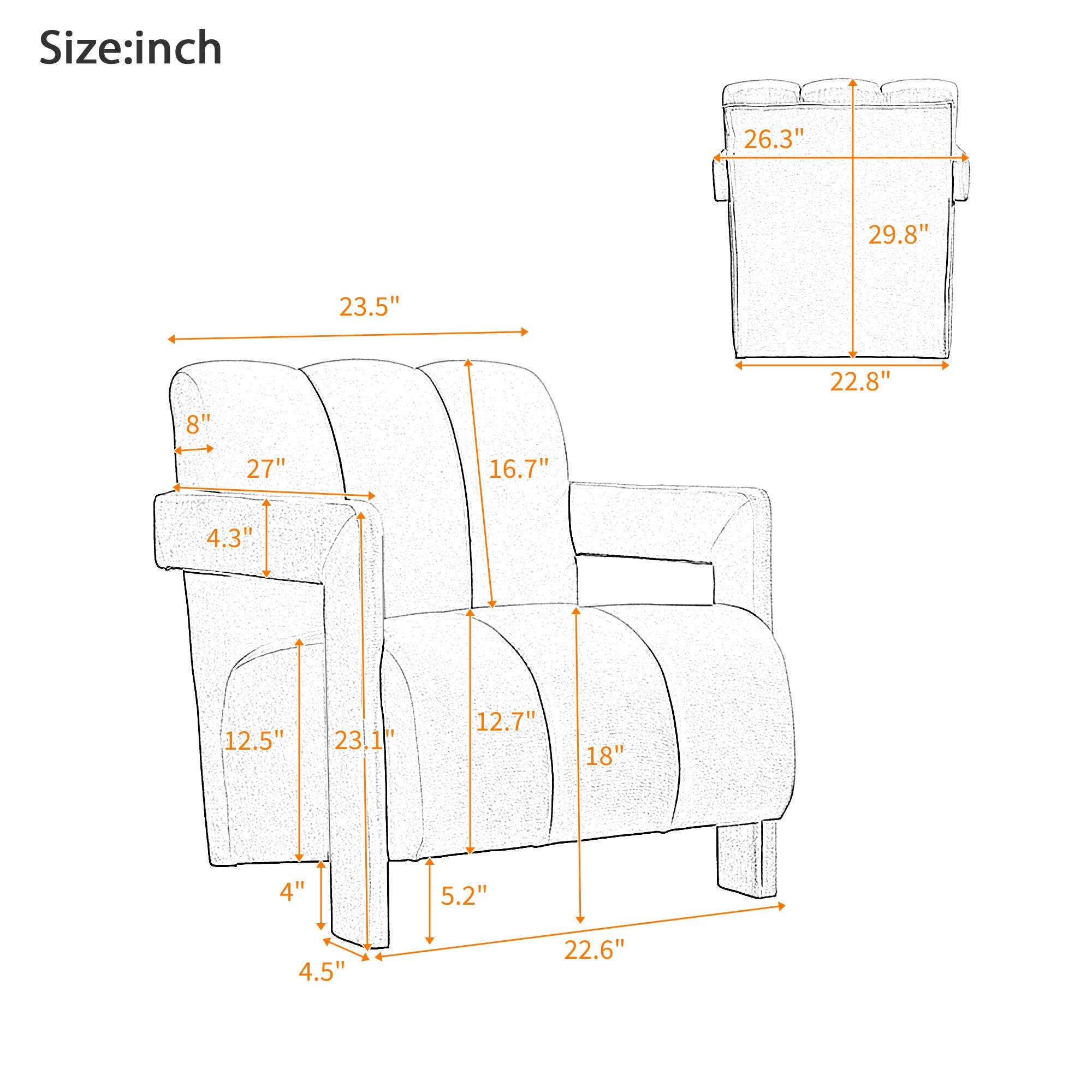 39F Inc. - Vente Chaises - Fauteuil de loisirs moderne gris de 26,3" avec accoudoirs en L3