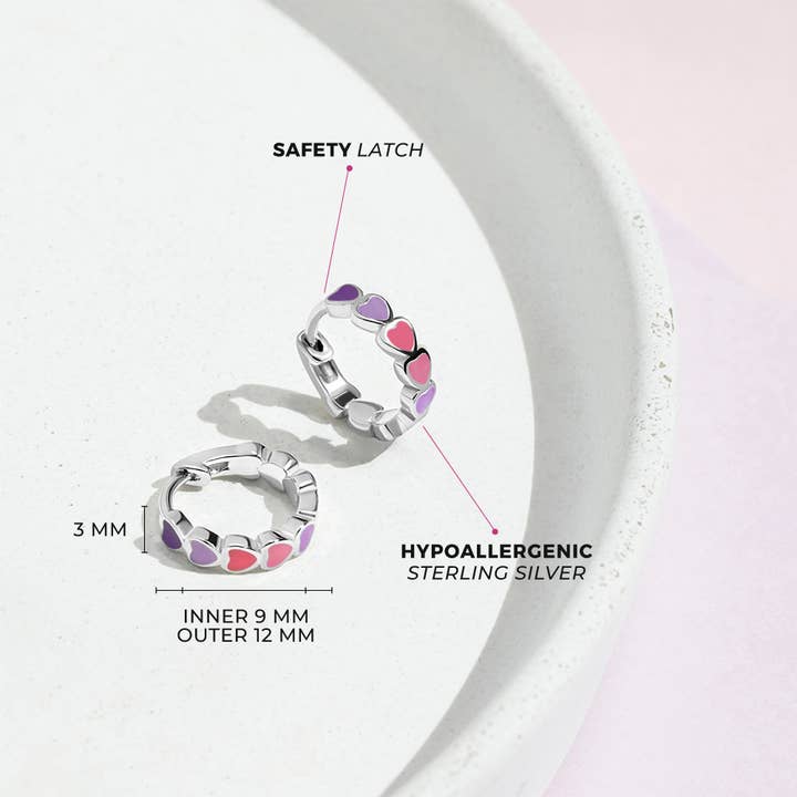 In Season Jewelry - Wholesale Huggie Earrings - Heart 9mm Baby / Kids Earrings Hoop Enamel - Sterling Silver6