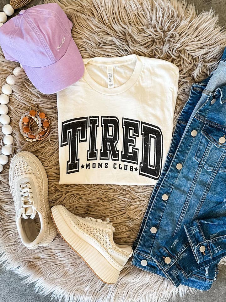 Tired Moms Club Graphic Tee in Natural for wholesale by Jupe De Abby