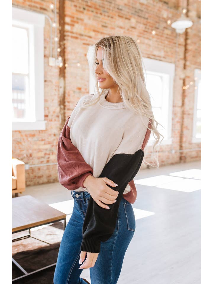 Liam & Company - Wholesale Knit Sweater - Women's - Harlow Colorblock Puff Sleeve Sweater | S-2XL