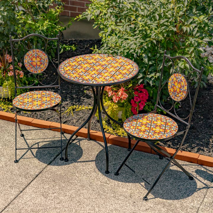 Zaer Ltd. International - Wholesale Patio Set - "Barcelona" Round Mosaic Chair and Table- 3PC/Set2