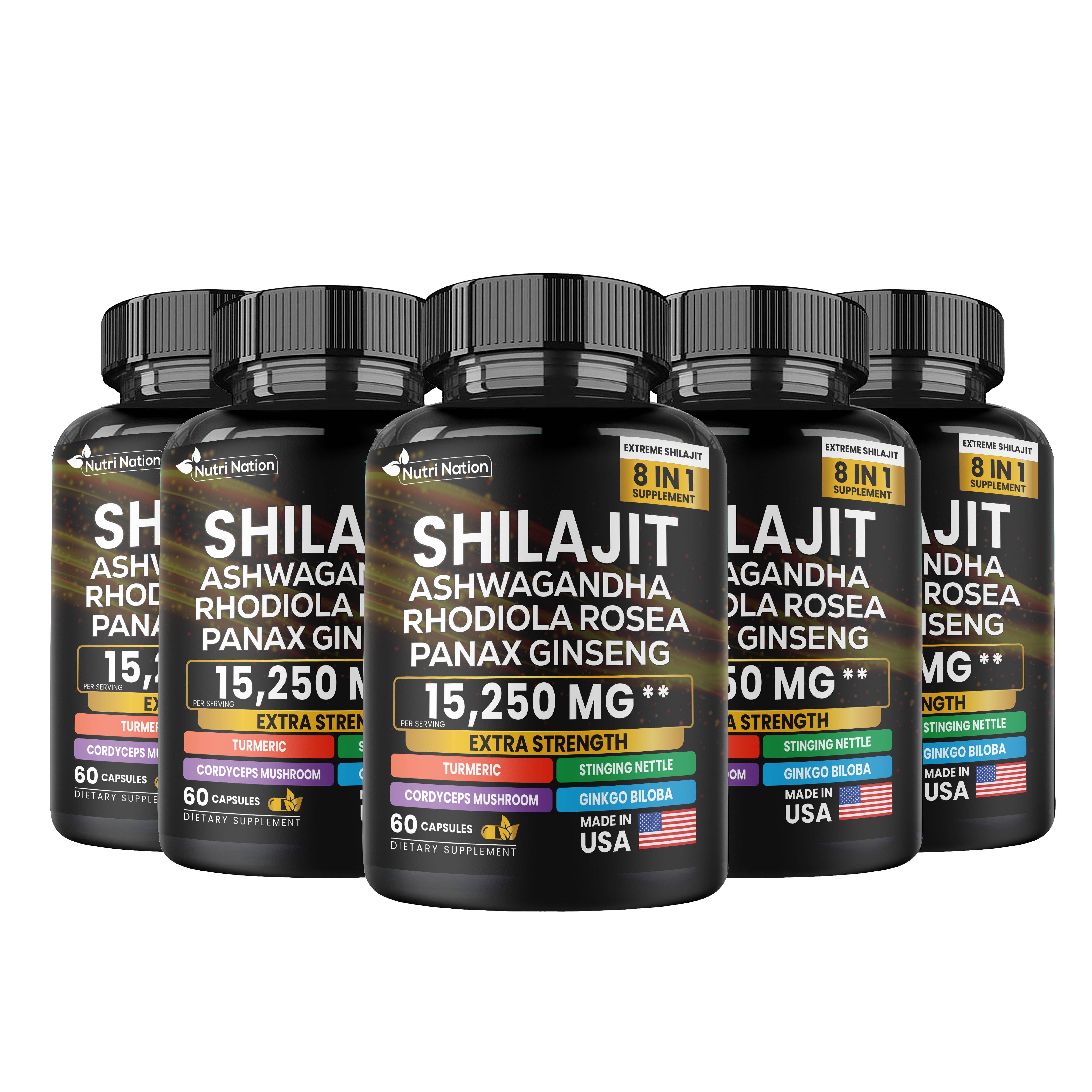 Nutri Nation - Vendita all'ingrosso Vitamine/integratori orali - Shilajit Ashwagandha Rhodiola Rosea Panax Ginseng 15.220 mg 8 in 1 (60 capsule)8