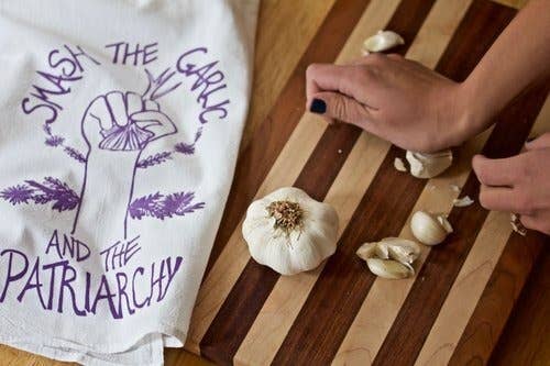 Overseasoned - Wholesale Tea Towel - Smash the Garlic and the Patriarchy™ Tea Towel -feminist art2