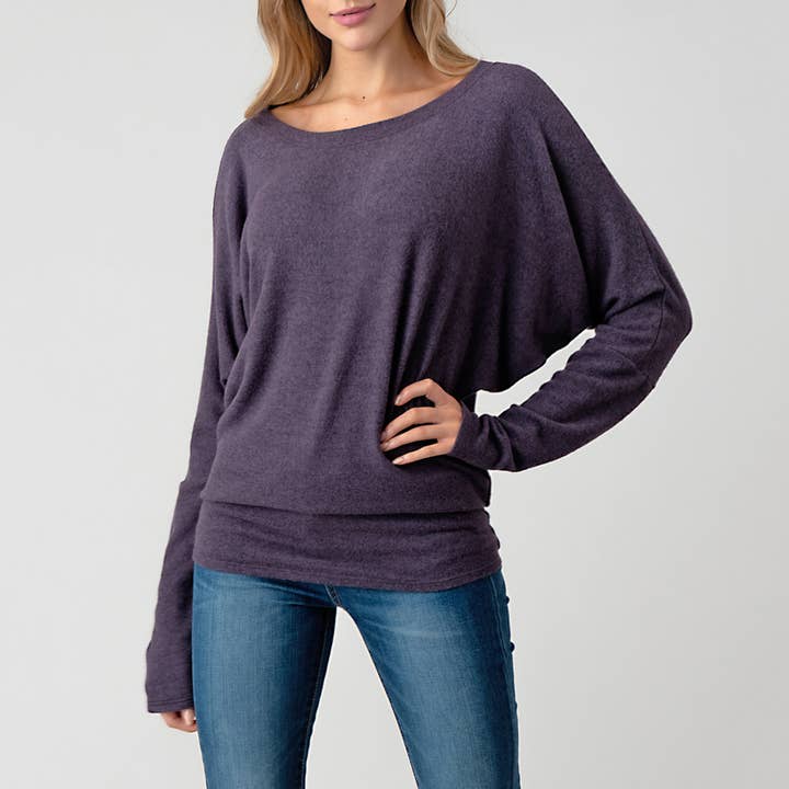 Heimious - Wholesale Knit Top - Women's - Long Dolman Sleeve Round Neck Brushed Knit Top, 273933