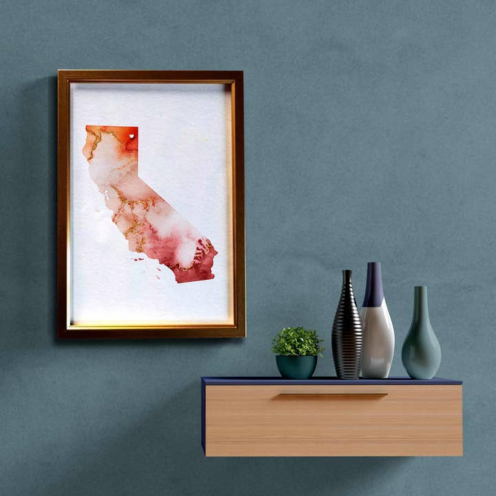 California State Golden Watercolour Map for wholesale by EJayDesign