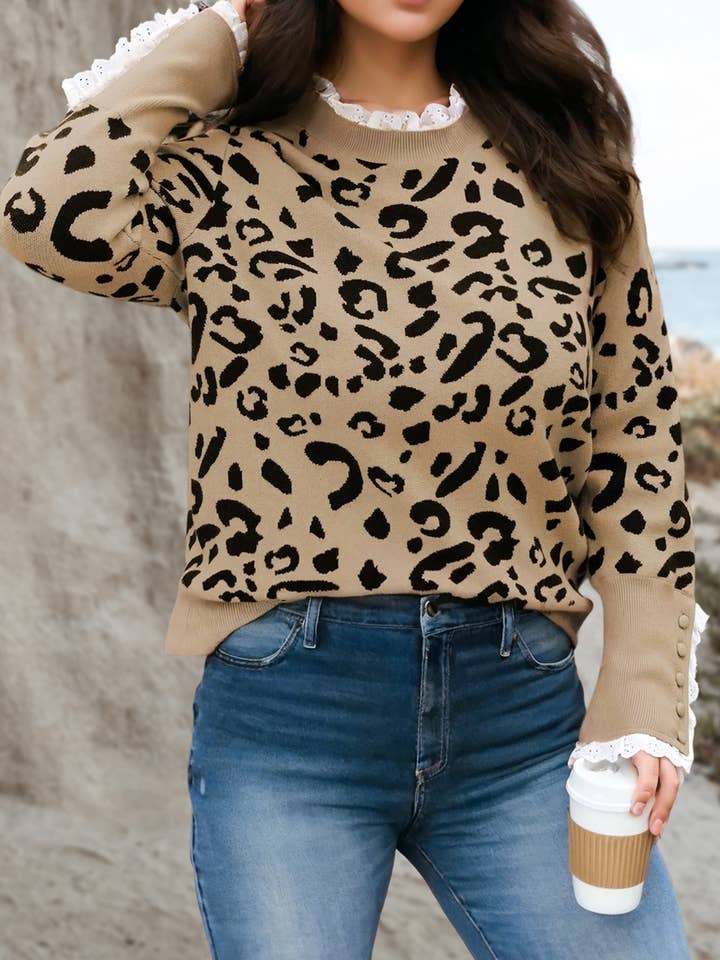 Leopard Lace Ribbed Button Cuff Sweater | S-4X for wholesale by Aapparella