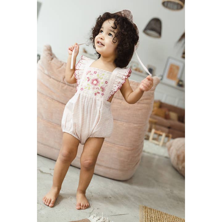 JAZZ 24 Gingham Check Romper com Bordado Floral por atacado de Natalys