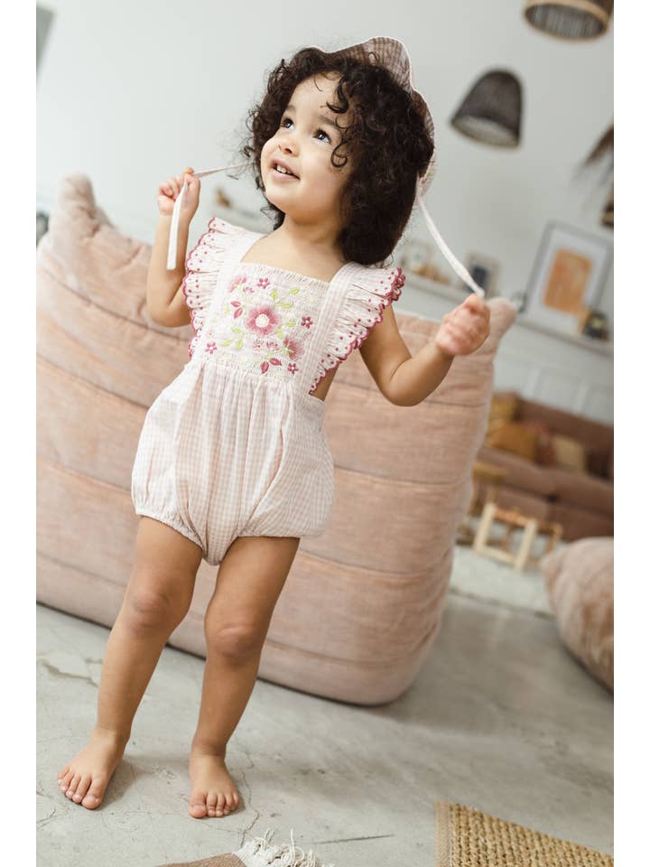 Craie JAZZ 24 Gingham Check Romper with Floral Embroidery for wholesale on Faire5