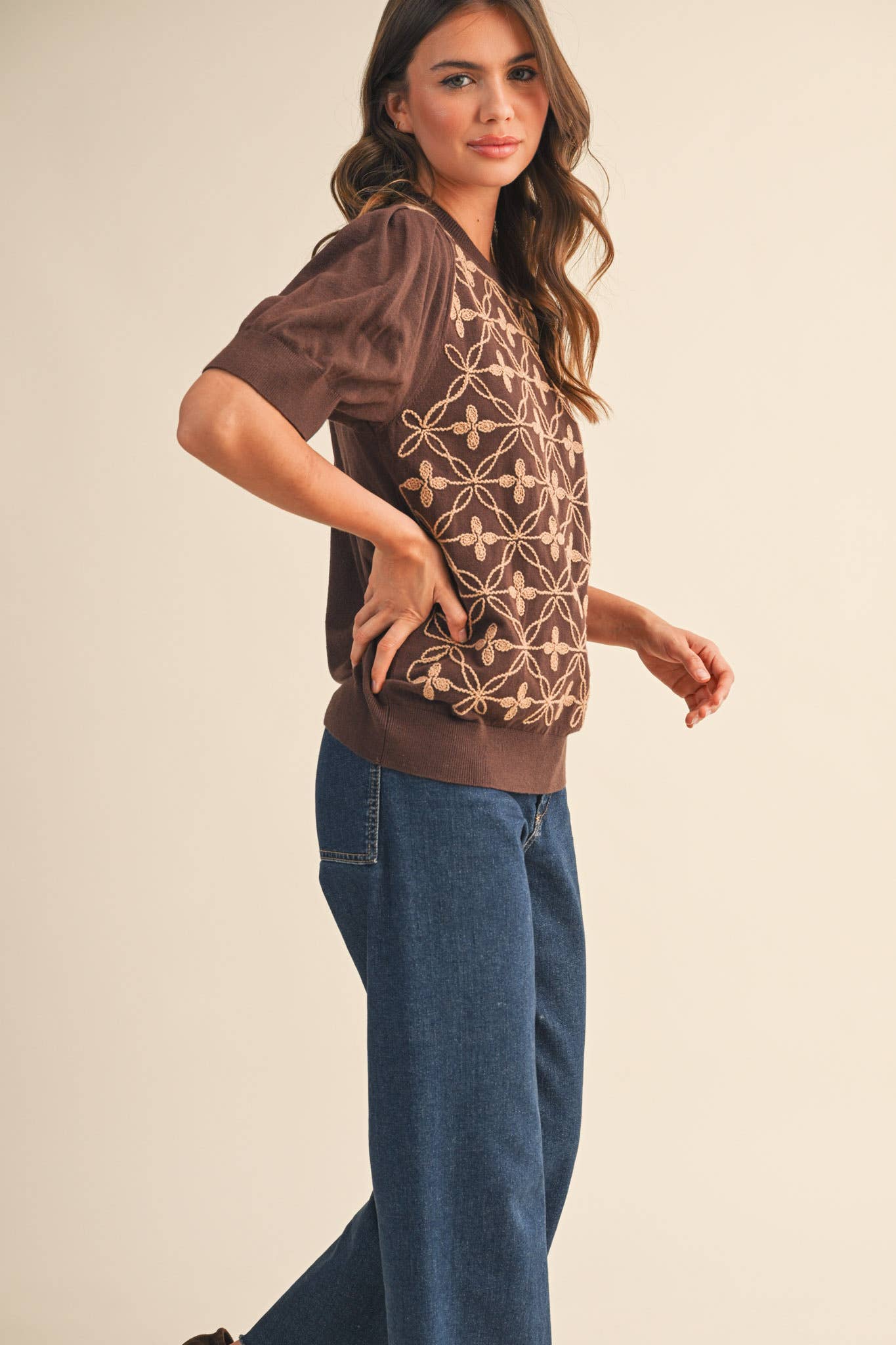 &MERCI - Wholesale Knit Sweater - Women's - SHORT PUFF SLEEVE EMBROIDERY FRONT SWEATER MSW1083229