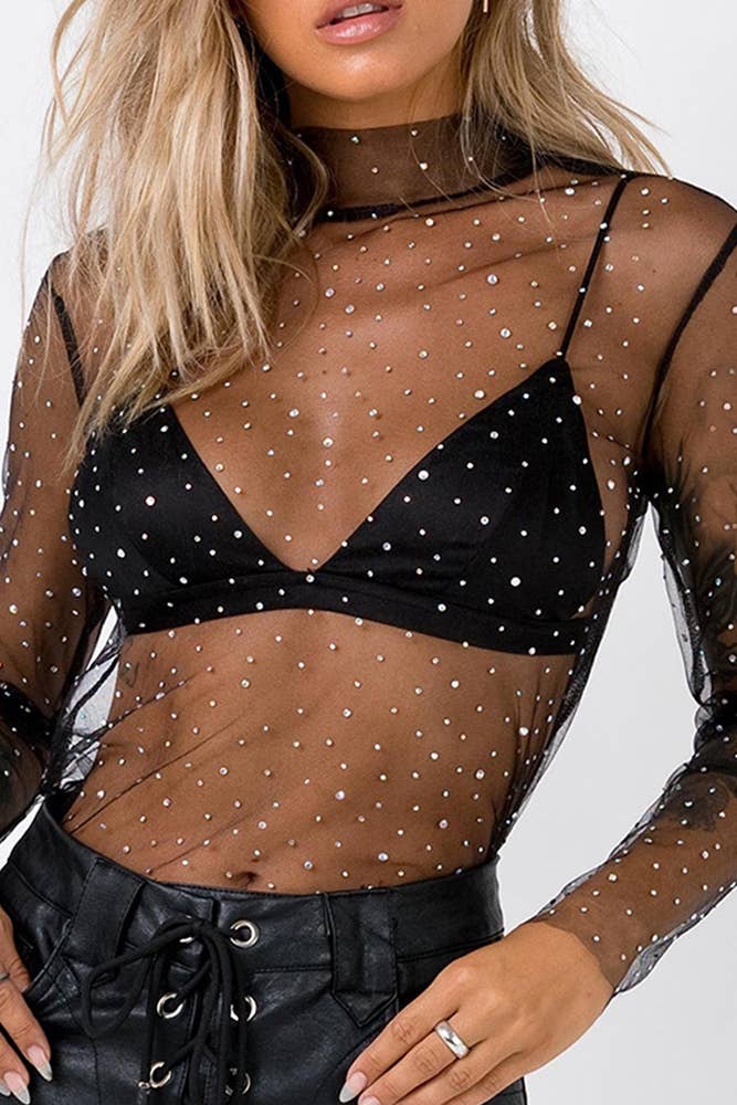 UNISHE - Wholesale Blouse - Women's - See Through Sheer Mesh Sequin Underwear Top ZZKF8183